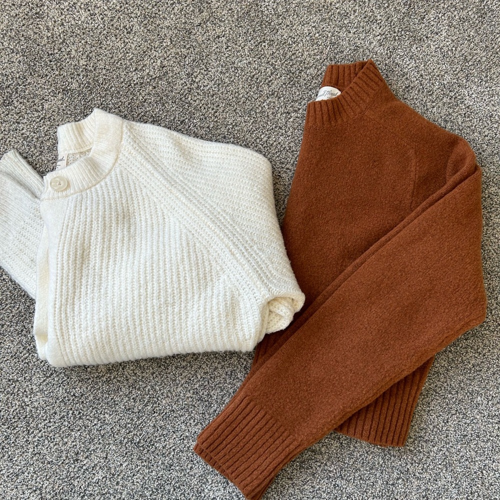 Pair of Universal Thread sweaters Cream cardi/Brown cropped crewneck